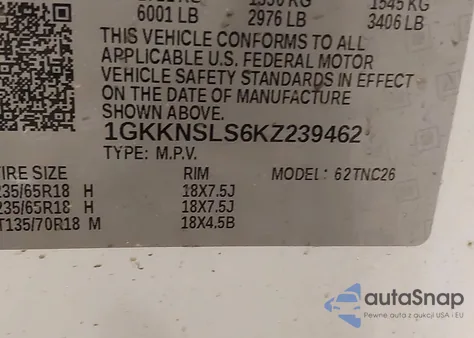 2019 GMC Acadia Sle-2 z USA, uszkodzony, nr VIN 1GKKNSLS6KZ239462